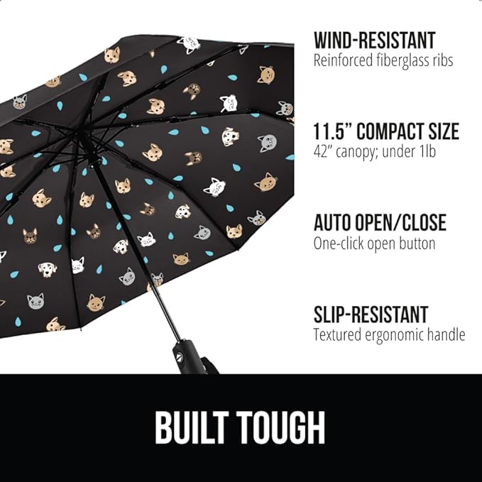 GORILLA GRIP Strong Stick Umbrella for Rain, Compact Travel One-Click Automatic Open Close, Lightweight, Portable, US Designed Reinforced Fiberglass Ribs, Wind Resistant, Easy Collapse, Cats Dogs