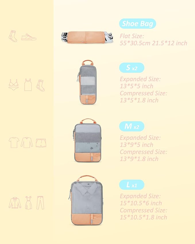 BAGSMART 6 Set Compression Packing Cubes - Lightweight Travel Essentials, Durable Luggage Organizer