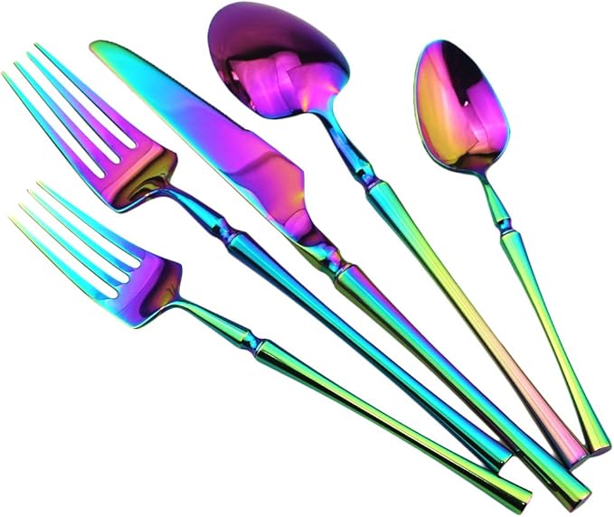 Gugrida Rainbow Silverware Set, 5-Piece 18/10 Stainless Steel Flatware Cutlery Set for 1,Mirror Finish, Ideal for Wedding Festival Party Home Kitchen, Dishwasher Safe