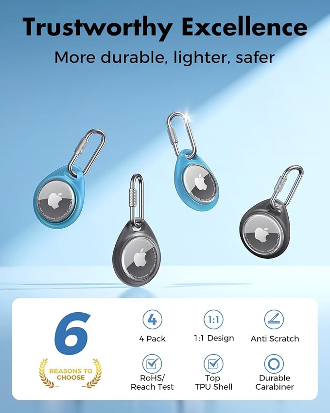 UNBREAKcable AirTag Holder for Apple - 4 Pack Air Tag Case [Professional Carabiner] [Waterproof] [Shockproof] TPU AirTag Keychain for Kids, Pets, Keys, Luggage, Backpacks