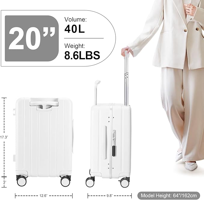 MRPLUM Carry On Luggage Double Handle Suitcase with Net Pocket,Hard Shell Spinner Wheels Luggage with TSA Lock&Seat Belt,20 inch,White