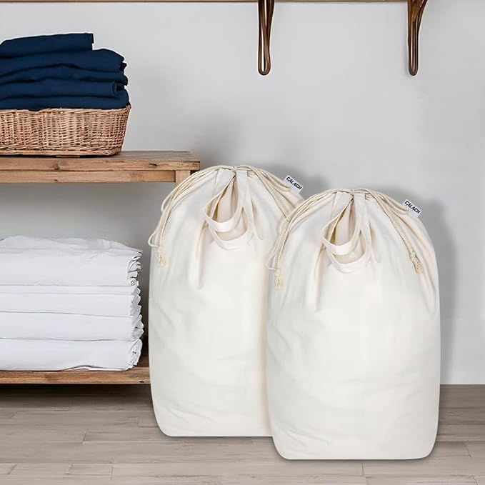 Canvas Laundry Bags with Handles & Square Base13.8"x 13.8", Large Heavy Duty Laundry Basket Hamper Liner, College Dorm Washable Drawstring Cotton Dirty Clothes Bag (Natural,2 Pack)