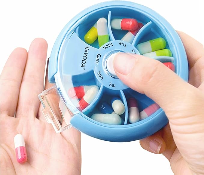 INVODA Weekly Pill Organizer 7 Compartment Rotating Pill Box for Daily Medication & Vitamins - Portable Travel Pill Case Fish Oil Supplements Vitamins Organizer (Green+Blue)