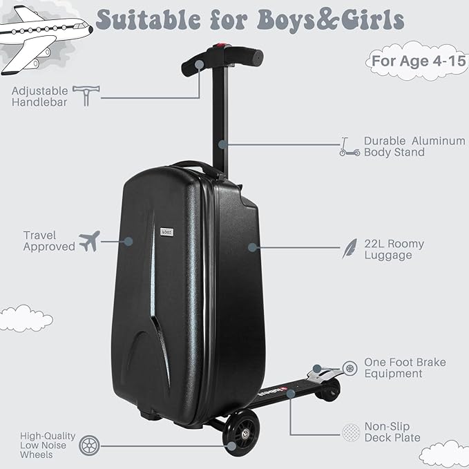 MRPLUM 20" Ride-On Suitcase with Detachable Scooter for Kids,Foldable Hardshell Carry-On Luggage for Toddlers Ages 4-15 with Adjustable Handle,Easy Steering&Brake(Airplane Approved)