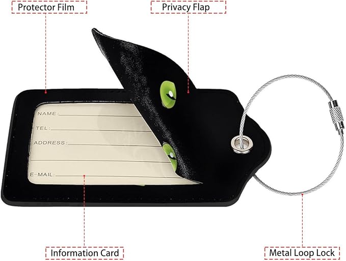Black Cat Eyes 2 Pack Luggage Tag for Suitcase, Cute Unique Leather Bag Tags Identifiers Privacy Cover ID Label with Steel Loop for Women Men Kids Girls Travel