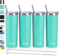 koodee 20 oz Stainless Steel Skinny Tumblers (4 Pack) Double Wall Insulated Water Tumbler Cup with Lids, Straws and Straw Brushes (Teal, 4 Pack)