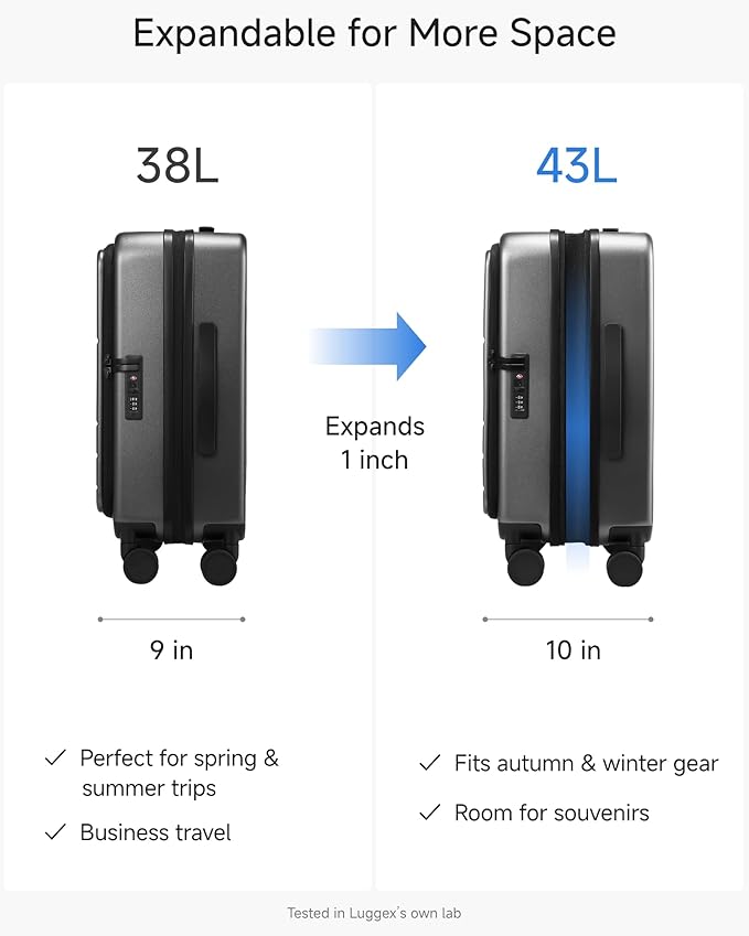 Carry On Luggage Top Opening, FLT Expandable Polycarbonate Hard Shell Suitcase with Wheels (FLO-Lite, Charcoal Metallic, 20 Inch, 38L-43L)
