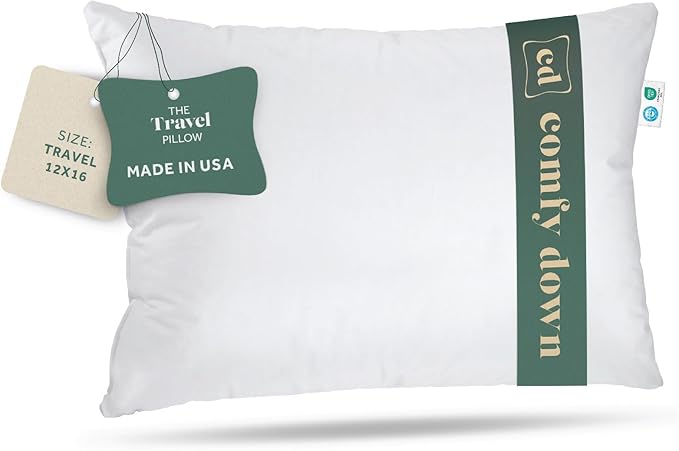 Goose Down Travel Pillow - Filled with 800 Fill Power European Goose Down, Egyptian 300 Thread Count 100% Cotton Cover for Plane car & Home - Made in USA (12x16)