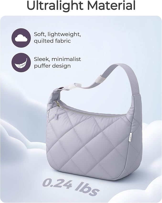 Insulated Lunch Bag for Women, Quilted Reusable Lunch Box with Adjustable Strap, Waterproof Cute Puffy Bento Tote, Stylish Cooler Bag for Work, Picnic or Travel, Light Purple