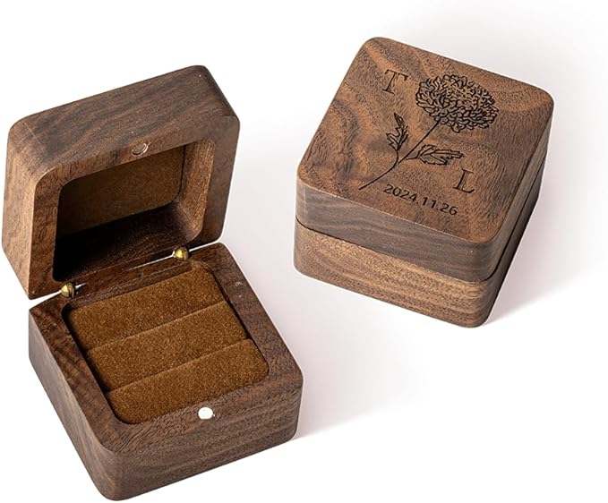Custom Engraving Ring Gift Box Wooden Presentation Jewelry Box Case with 3 Ring Slots for Proposal Engagement Wedding Ceremony Birthday Gift