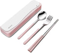 DEVICO Travel Utensils, 18/8 Stainless Steel 4pcs Cutlery Set Portable Camp Reusable Flatware Silverware, Include Fork Spoon Chopsticks with Case (Pink)