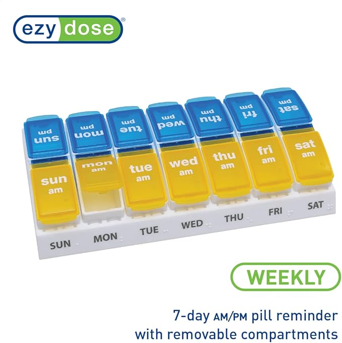EZY DOSE Weekly AM/PM Pill Organizer, 7-Day Vitamin and Medication Box with Large Pop-Out Compartments, 2 Times a Day Pill Holder for Easy Dosing, Yellow and Blue Lids, Travel-Friendly Design
