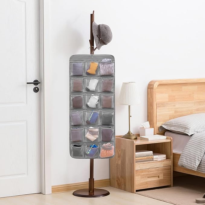 Dual-Sided Hanging Closet Organizer for Socks Underwear Bra Kids Storage Organizer for Baby Clothes Toddler Shoes with 26 Pockets (Grey-Mesh Pockets)