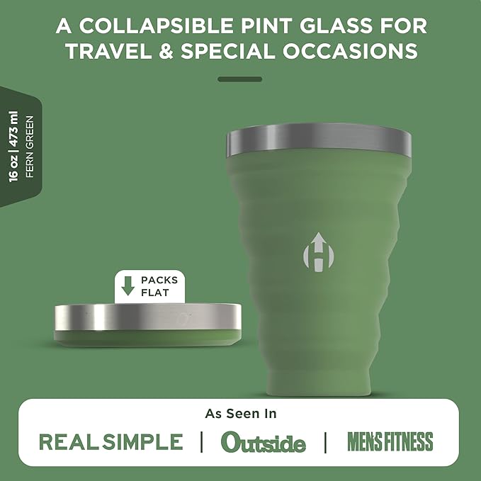 HYDAWAY Pocket Pint - 16oz Collapsible Silicone Cup with Stainless Steel Rim and Protective Travel Case - Reusable, Compact Drinkware for Camping, Festivals, and Everyday Use