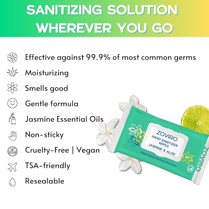 Zoviro Hand Sanitizer Wipes, Jasmine Essential Oils, 100% Viscose Ultra-Soft Wipes, Moisturizing & Non-Sticky, Jasmine Scent, Adults & Kids, 80 Count (Pack of 6)