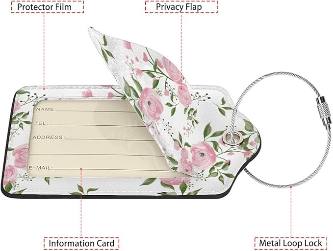 Watercolor Floral 2-Pack Luggage Tags for Suitcases,Leather Baggage Tag with Loop, Tags Private Name ID Labels for Women Girl Men Boys Travel Baggage Suitcase