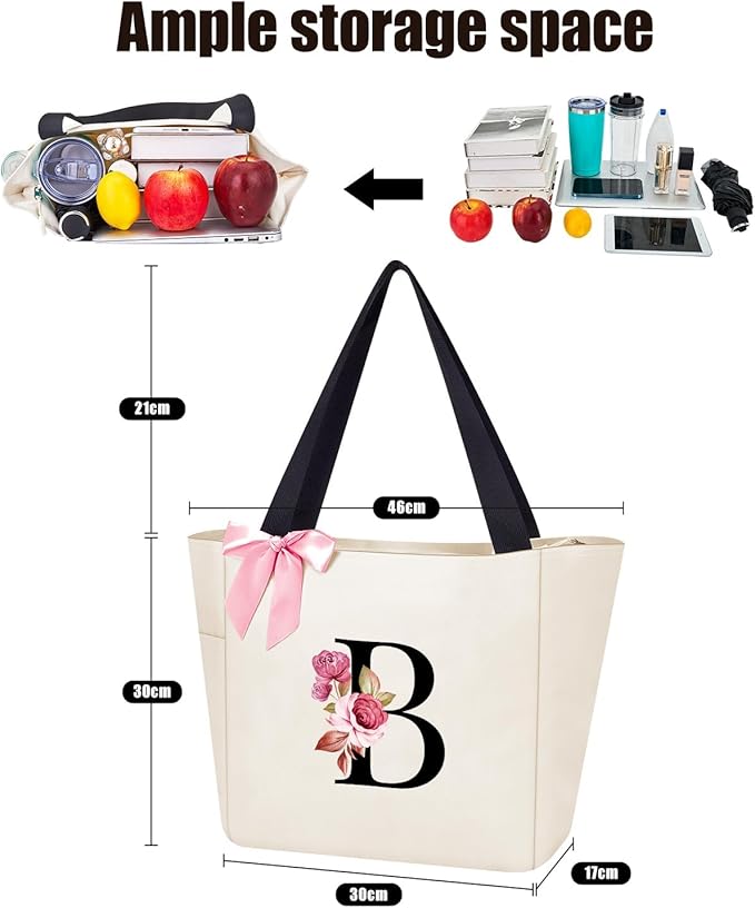 Vavabox Tote Bag, A-Z Initial Monogrammed Waterproof Tote Bag, Bridesmaid Gifts for Women, Black and Pink