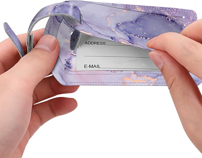 FINTIE 2 Pack Luggage Tags, Leather Name ID Labels with Privacy Cover for Travel Bag Suitcase, Theme - Lilac Marble
