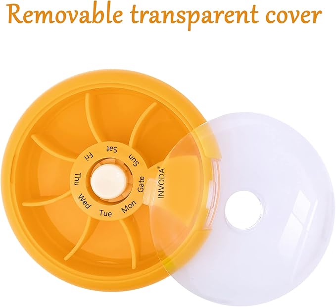 INVODA Weekly Pill Organizer 7 Compartment Rotating Pill Box for Daily Medication & Vitamins - Portable Travel Pill Case Fish Oil Supplements Vitamins Organizer (Orange+Bag)
