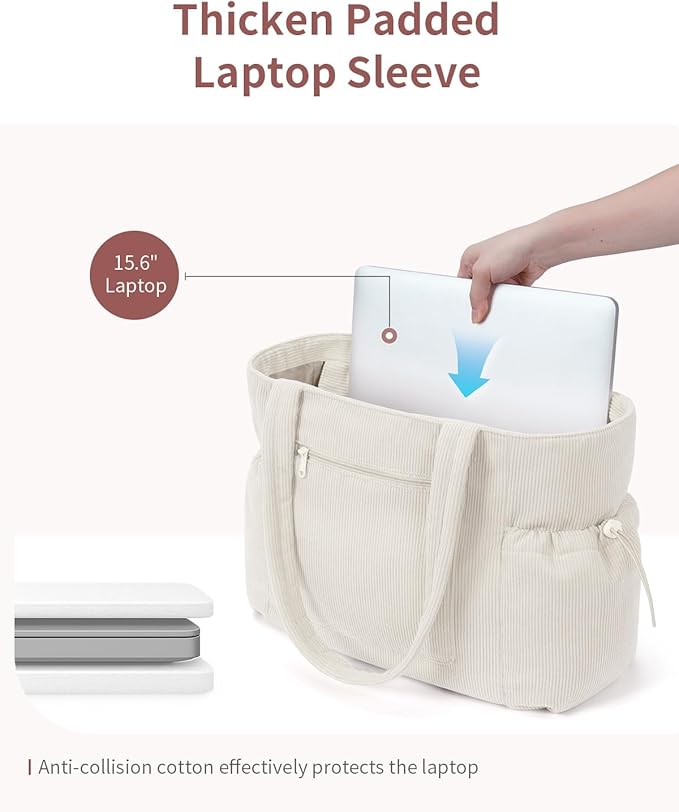 ECOHUB Tote Bag for Women, Work Tote Bags with Laptop Compartment, Large Corduroy Tote Bag with Stanley Cup Holder