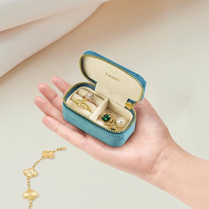 Small Travel Jewelry Case, Mini Tiny Plush Velvet Jewelry Box for Women and Girls, Pocket Size Jewelry holder organizer for Rings Earrings and Small Items(Coral Blue)