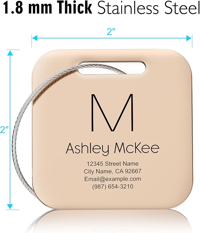 Luggage Tags for Suitcase - Personalized Engraved Rose Gold Metal Tag for Cruise Travel - Custom Name Tags Suitable for Bags and Backpacks