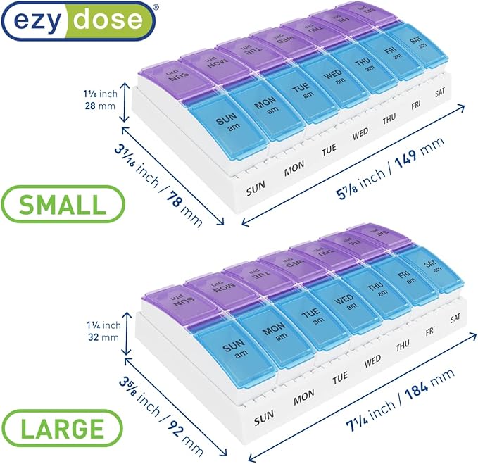 EZY DOSE Weekly (7-Day) AM/PM Pill Organizer, Vitamin and Medicine Box, Large Pop-out Compartments, 2 Times a Day, Blue and Purple Lids