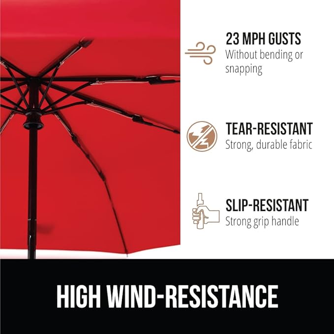 GORILLA GRIP Strong Stick Umbrella for Rain, Compact Travel One-Click Automatic Open Close, Lightweight, Portable, US Designed Reinforced Fiberglass Ribs, Wind Resistant, Easy Collapse, Red