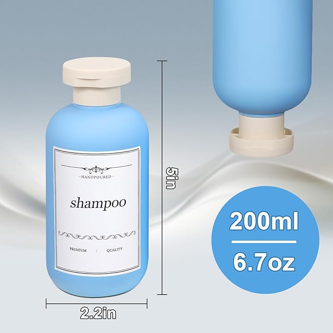 ASEVAT 6.7oz Sealed Plastic Travel Shampoo Bottles, Empty Travel Shampoo and Conditioner Bottles Refillable, Travel Size Shampoo Bottle, Hand Soap Dispenser for Vacation, Gym, Home(Skyblue)