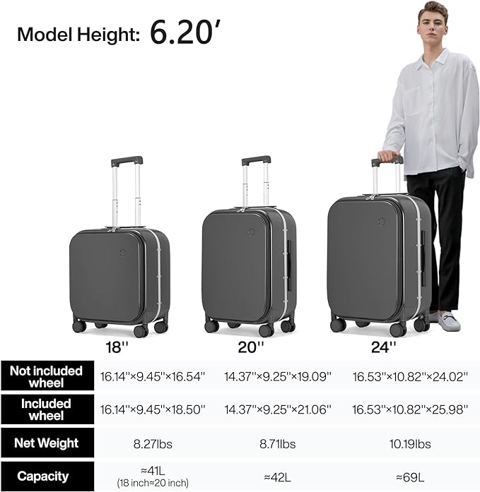 mixi Carry On Luggage, 18” Suitcase with Front Laptop Pocket, Travel Luggage Aluminum Frame PC Hardside with Spinner Wheels & TSA Lock and Cover (Not for Underseat), Rock Gray