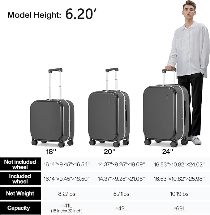 mixi Luggage Suitcase with Spinner Wheels, 24'' Checked Travel Luggage Aluminum Frame PC Hardside with TSA Lock & Cover - Rock Gray