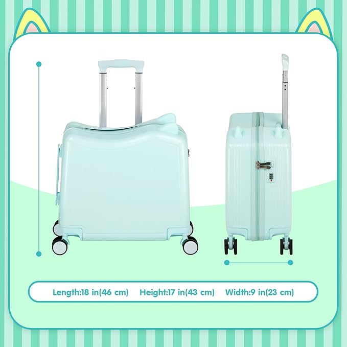 20" Ride-On Travel Suitcase for Kids, Cute Ear Toddler Carry on Luggage with Spinner Wheels, Children Rolling Trolly Luggage with Combination Lock (Green)
