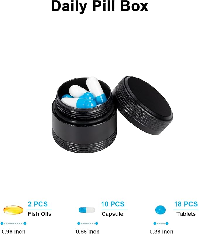 Metal Pill Box Pocket Purse Size - Waterproof Daily Pill Container, Single Aluminum Pill Case Portable Compact Round Medicine Organizer Pill Holder for Medication, Fish Oils Vitamins