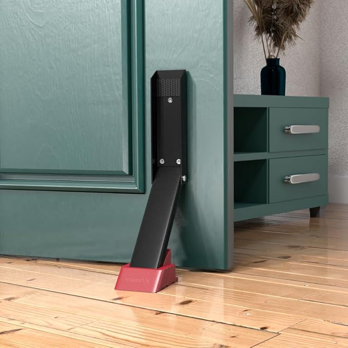 2 Pack Door Stop, No Drill Door Stoppers - Kickdown Doorstop for Home, Glass Doors, & Outdoors, Easy to Install Doors with Self Adhesive Door Stopper, No Screw Flip Down Portable Door Stopper - Black