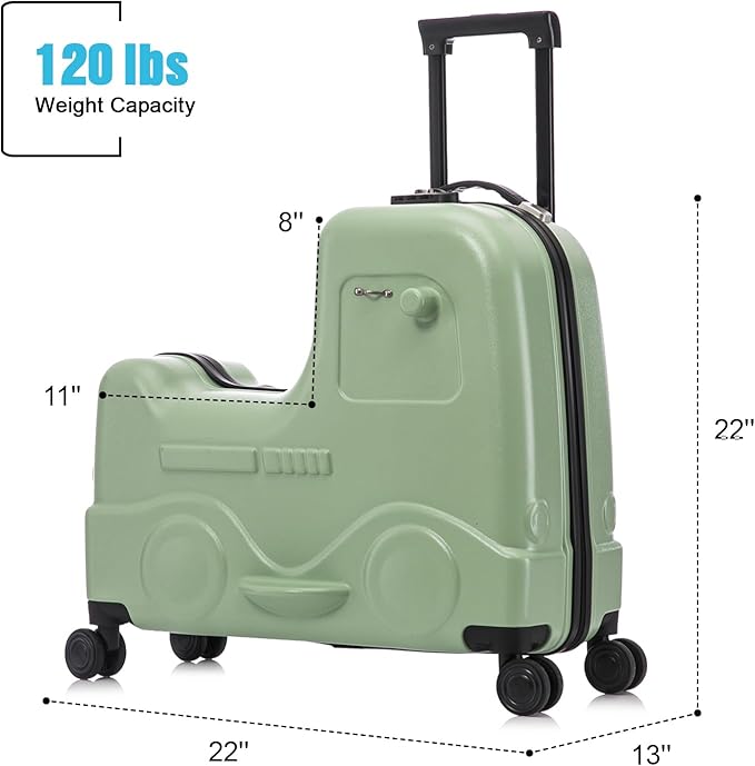 Apelila 22 inch Ride on Suitcase for Kids Travel Trolley Luggage with Spinner Wheels for Child with Combination Lock/Safety Belt/Telescoping Handle (Green)