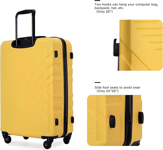 Campfun 3 Piece Luggage Sets, Hardshell ABS Luggage with TSA Lock, Carry On Suitcase Sets Lightweight Durable with 2 Hooks & Spinner Wheels, 20in/24in/28in - Yellow(C)