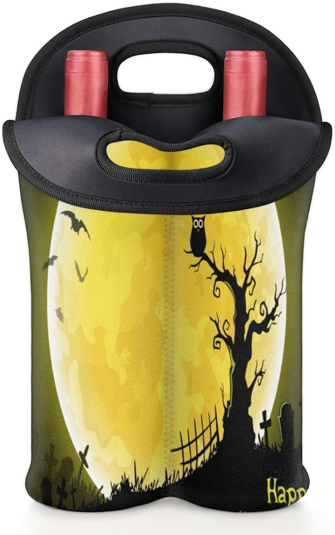 Vintage Sea Turtle 2 Bottle Wine Carrier Tote Bag Insulated Wine Bottles Neoprene Bag with Secure Carry Handle Portable Wine Cooler Bag for Travel Picnic Beach (Halloween Moon Owl)