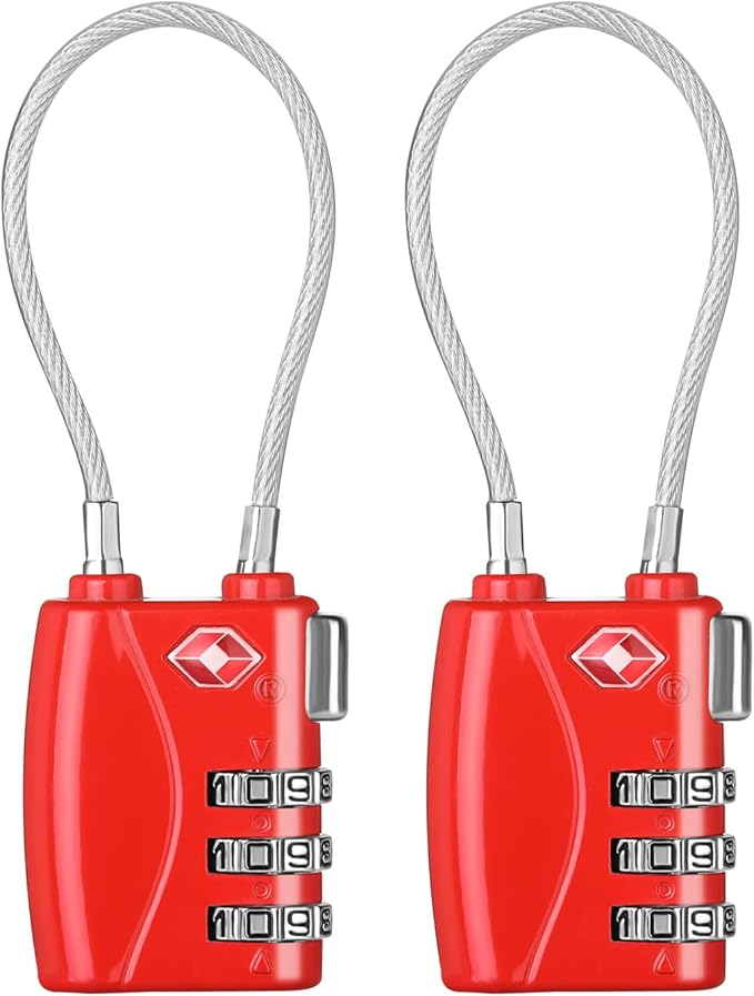 ZHEGE TSA Locks for Luggage 3 Digit Cable Padlock with Alloy Body for Suitcase, Baggage, Backpack, Pistol Case (2 Pack, Red)