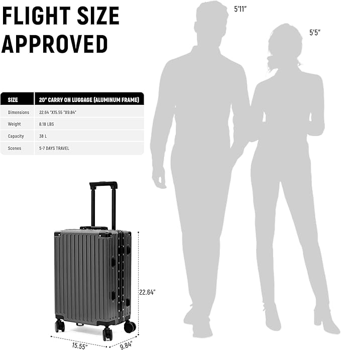 UrbanExporer 20 Inch Carry On Luggage Aluminum Frame Airline Approved, Zipperless Luggage Carry On TSA Approved ABS+PC Hard Shell Suitcases, Lightweight Carry-On Suitcase with Cup Holder, Metal-Gray