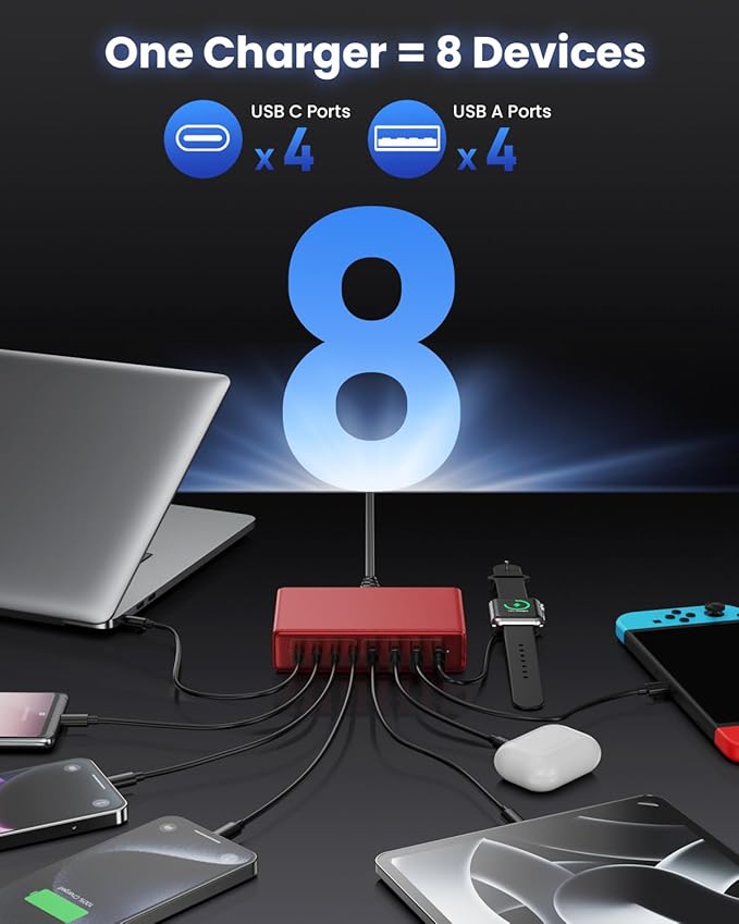 200W USB C Charger Block,GaN IV Charging Station 8 Ports,QC4.0 Fast Charging Station Hub+PD 65W USB C Laptop Charger Adapter Compatible with MacBook Air/Pro,DELL,iPhone 16/15,iPad,Steam Deck-Red