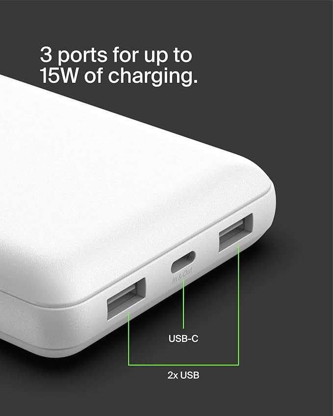 Belkin Portable Charger, USB C Power Bank 20000 mAh w/ 1xUSB-C Port & 2xUSB-A Ports, 15W w/Type-C to Type-A Cable - iPhone 16, Samsung Galaxy S25, Nintendo Switch 2, Google Pixel 10, etc. - White