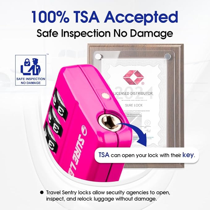 SURE LOCK TSA Approved 4-Digit Resettable Combination Luggage Locks with Open Alert, Easy-Read Dials - for Luggage, School Lockers, Gym, Office, Toolbox & Security Cases (Pink 1 Pack)