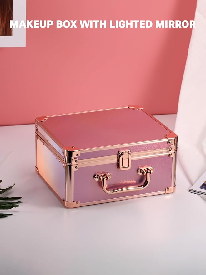 Qislee Makeup Box with A Detachable Lighted Mirror, Waterproof Travel Train Case, Cosmetic Organizer and Makeup Suitcase with Adjustable Dividers, Magnetic LED Mirror(Sparkling Gradient Pink)