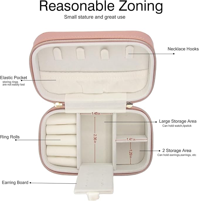 Small Jewelry Travel Case For Womens Small Rectangle PU Leather Jewelry Box With Zipper 2.56" H Portable Travel Jewelry Case For Earring Rings Necklaces Bracelets Pink Jewelry Gifts Box