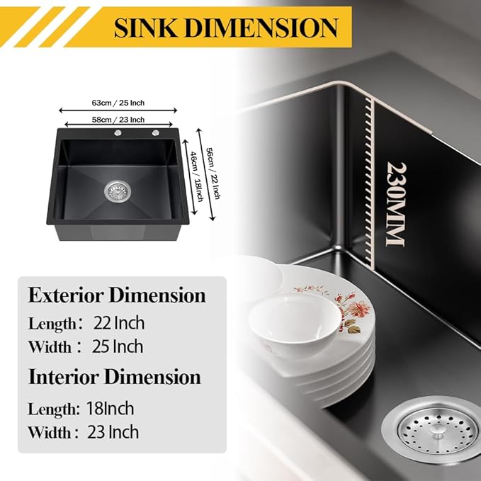 Black Kitchen Sink, Stainless Steel Topmount 25x22x9 Inch Single Bowl Drop In Kitchen Sink Combo- Stainless Grid,Soap Dispenser,Faucet Mat,Drain Strainer Set for Modern Style Kitchen&Bar