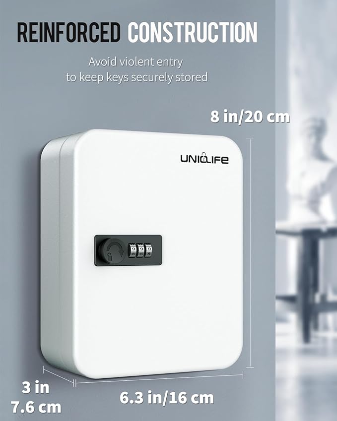 Uniclife 20 Position Key Cabinet with Combination Lock Resettable White Digital Security Storage Box Steel Key Organizer with Colorful Key Tag Labels Stickers and Hooks