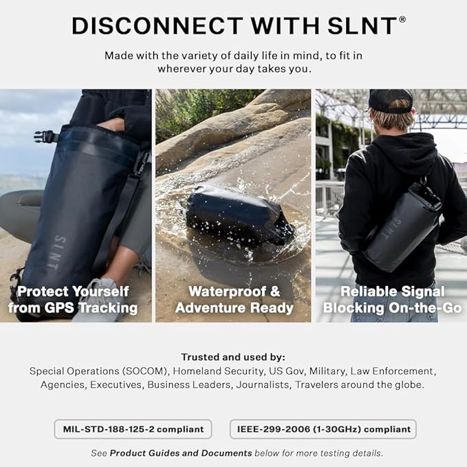 SLNT Waterproof Faraday Dry Bag - 420D Waterproof Nylon Signal Blocking Backpack - Protects Electronics from Water, Spying, Hacking - Blocks RFID, WiFi, Bluetooth, NFC, Cellular, GPS, EMF (2.5 Liter)