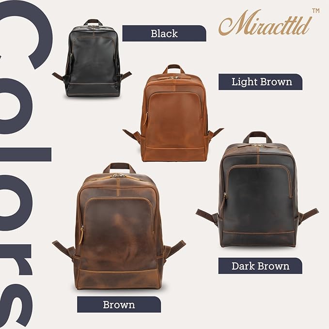 Leather Backpack for Men 15.6" Laptop Backpack 100% Madagascar top-Grain Leather Backpack Black Medium Size