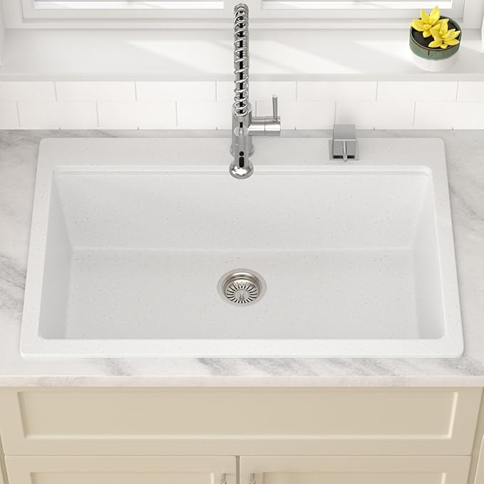 Dcolora White Granite Composite Kitchen Sink Drop In, 33x22 Large Single Bowl White Kitchen Sink Multifunctional Topmount Workstation Sinks #DC-0002GWT, 33" x 22" x 10"