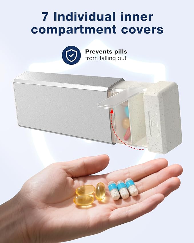 HEIYING 7 Days Pill Organizer with Aluminum Shell for One Week Capacity, Portable Metal Pill Case to Hold Vitamin, Medicine, Supplements